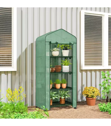 Invernadero de Exterior con 4 Estantes Ruedas Puerta Enrollable Cubierta de PE y Marco de Acero 69x50x165 cm Verde