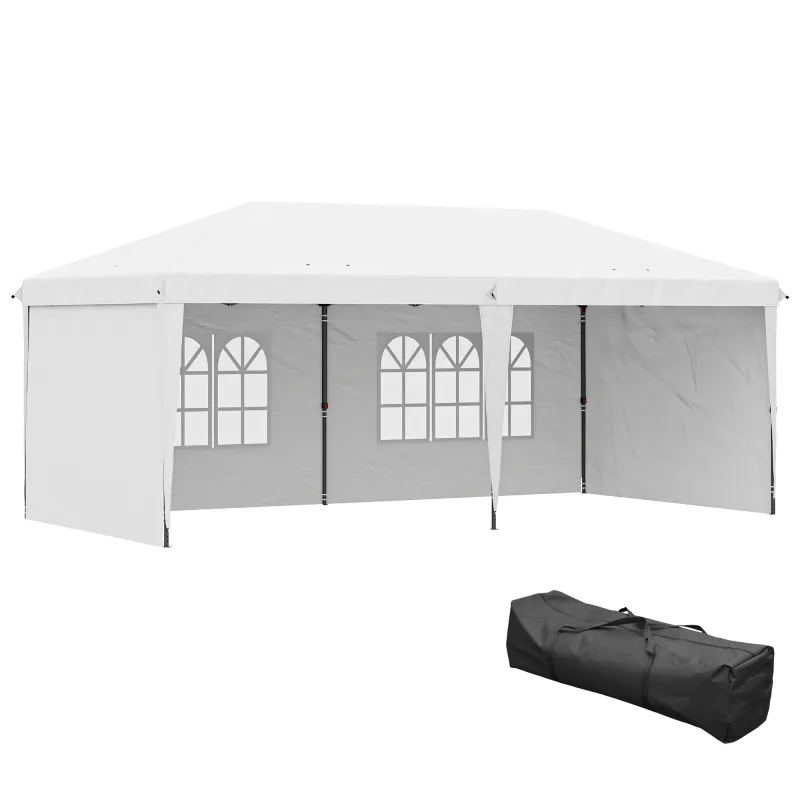 Carpa Plegable 6x3 m Pop-up con 4 Laterales Desmontables Cenador de Jardín con 2 Ventanas y Bolsa de Transporte Blanco