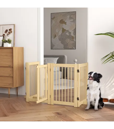 Barrera de Seguridad para Perros Plegable de Madera para Escaleras y Puertas con Soporte de Pie 204x36x75 cm Natural
