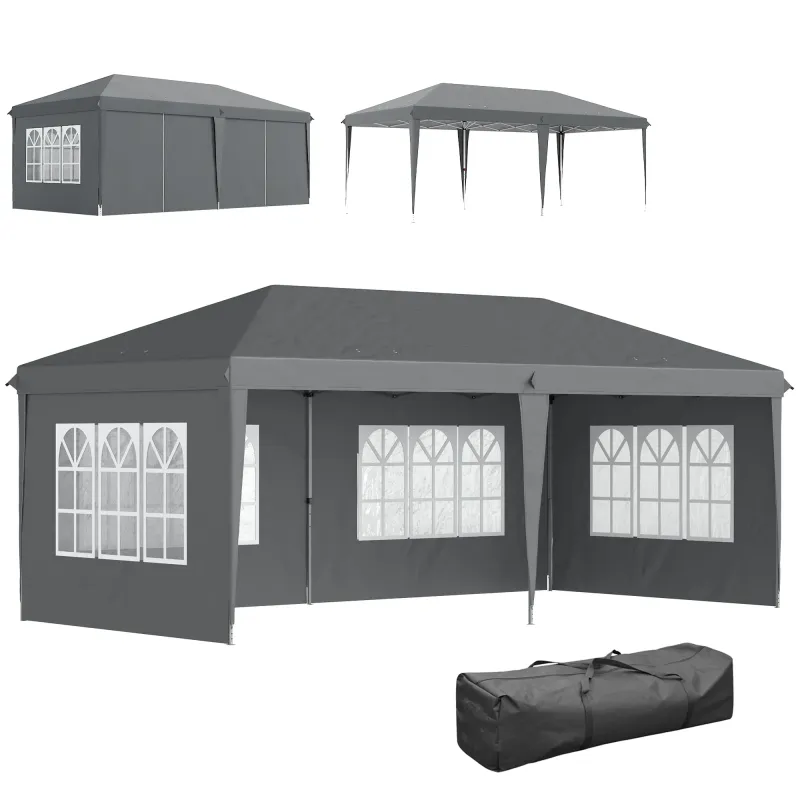 Carpa Plegable 6x3 m Pop-up con 4 Laterales Desmontables Cenador de Jardín con 4 Ventanas y Bolsa de Transporte Gris