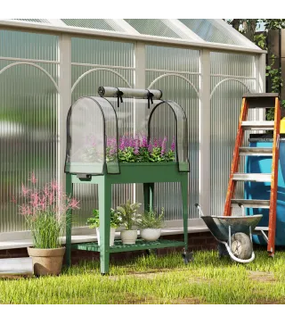 Huerto Urbano Elevado con Ruedas Cubierta de Invernadero y Estante Inferior para Cultivo Plantas 80x40x120 cm Verde