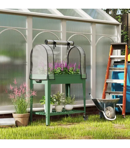 Huerto Urbano Elevado con Ruedas Cubierta de Invernadero y Estante Inferior para Cultivo Plantas 80x40x120 cm Verde