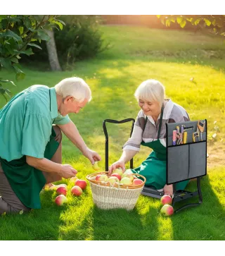 Taburete de Jardín Plegable con Almohadilla de Espuma EVA Asiento de Jardín 2 en 1 con Bolsa para Herramientas