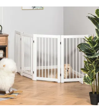 Barrera de Seguridad para Perros Plegable de Madera para Escaleras y Puertas con Soporte de Pie 204x36x75 cm Blanco