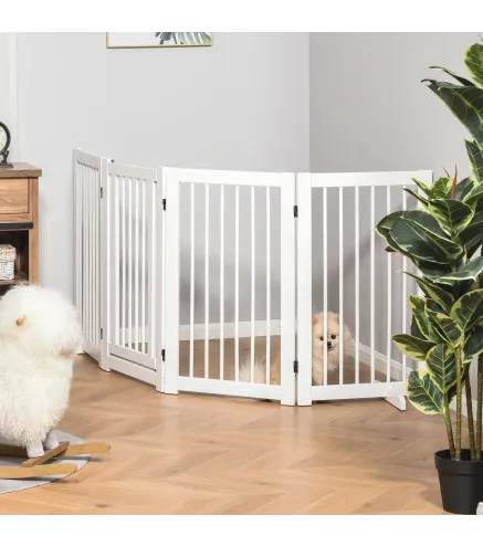Barrera de Seguridad para Perros Plegable de Madera para Escaleras y Puertas con Soporte de Pie 204x36x75 cm Blanco