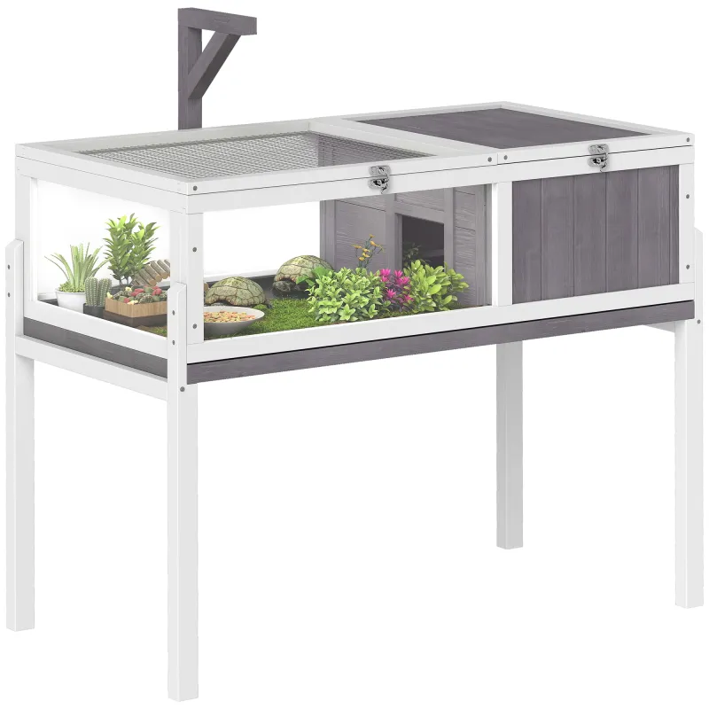 Casa para Tortugas de Madera con Techo de Malla Bandeja Extraíble y Soporte para Lámpara 104x53x82 cm Gris y Blanco