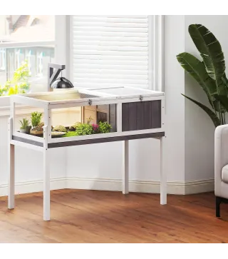 Casa para Tortugas de Madera con Techo de Malla Bandeja Extraíble y Soporte para Lámpara 104x53x82 cm Gris y Blanco