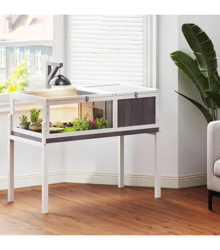 Casa para Tortugas de Madera con Techo de Malla Bandeja Extraíble y Soporte para Lámpara 104x53x82 cm Gris y Blanco