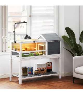 Casa para Tortugas de Madera con Soporte para Lámpara Ajustable Techos Abatibles Bandeja Extraíble y Estante Inferior