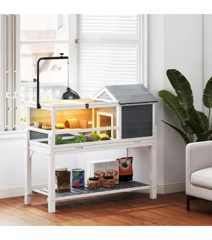 Casa para Tortugas de Madera con Soporte para Lámpara Ajustable Techos Abatibles Bandeja Extraíble y Estante Inferior