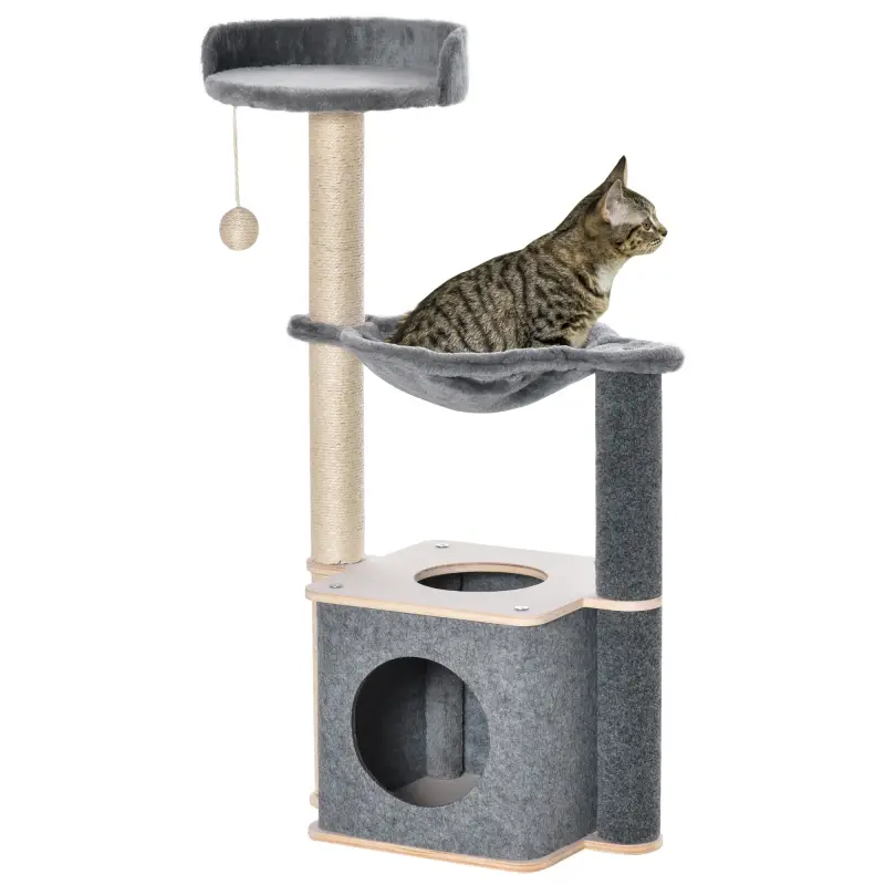 Árbol Rascador para Gatos 48x34x95 cm Torre para Gatos con Hamaca Plataformas Cueva Extraíble Postes de Sisal Gris