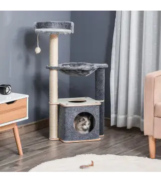 Árbol Rascador para Gatos 48x34x95 cm Torre para Gatos con Hamaca Plataformas Cueva Extraíble Postes de Sisal Gris