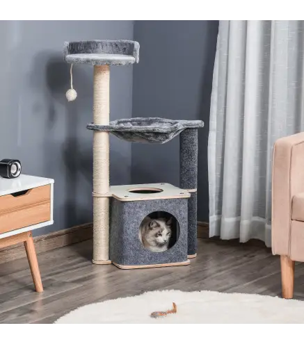 Árbol Rascador para Gatos 48x34x95 cm Torre para Gatos con Hamaca Plataformas Cueva Extraíble Postes de Sisal Gris