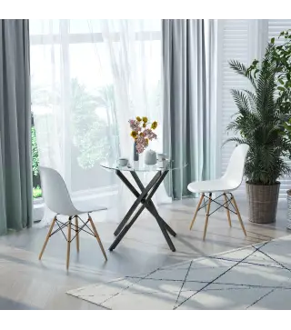 Mesa de Comedor Redonda con Encimera de Cristal Templado Transparente y Patas Cruzadas de Metal Mesa de Centro Moderna para Saló