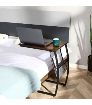 Mesa Auxiliar para Sofá y Cama Mesita Auxiliar Pequeña en Forma de C con Bolsillo de Almacenaje Estilo Industrial para S