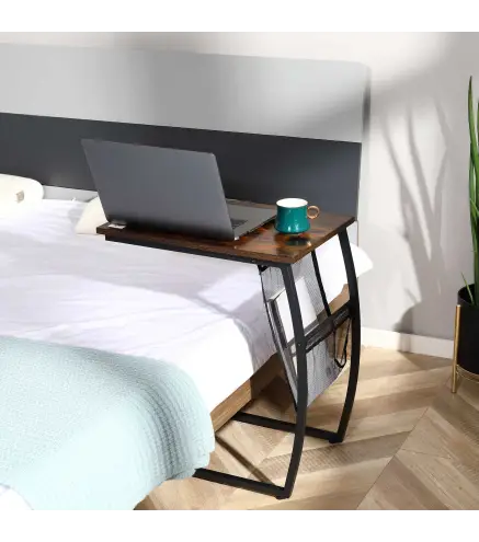 Mesa Auxiliar para Sofá y Cama Mesita Auxiliar Pequeña en Forma de C con Bolsillo de Almacenaje Estilo Industrial para S