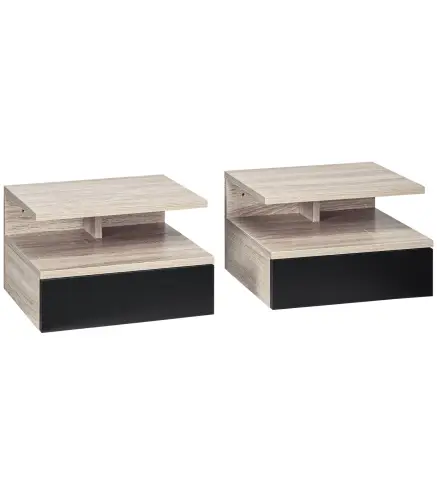 Juego de 2 Mesitas de Noche Flotantes, Mesillas de Noche Dormitorio con Cajón, Estante Abierto, Ahorra Espacio, Diseño M