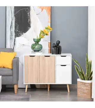 Aparador Moderno Aparador para Salón con 3 Puertas y Cajón Mueble Auxiliar para Salón Cocina Dormitorio 90x30x72 cm Blanco y Nat