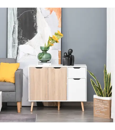 Aparador Moderno Aparador para Salón con 3 Puertas y Cajón Mueble Auxiliar para Salón Cocina Dormitorio 90x30x72 cm Blanco y Nat