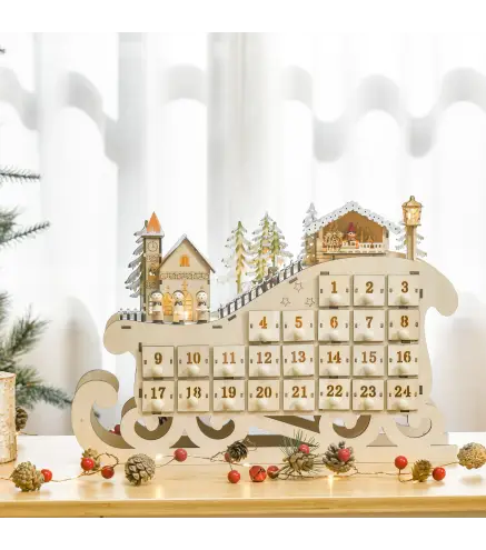 Calendario de Adviento de Navidad con Luces y 24 Cajones Decoración Navideña Modelo Trineo 45x10x31 cm Madera Natural