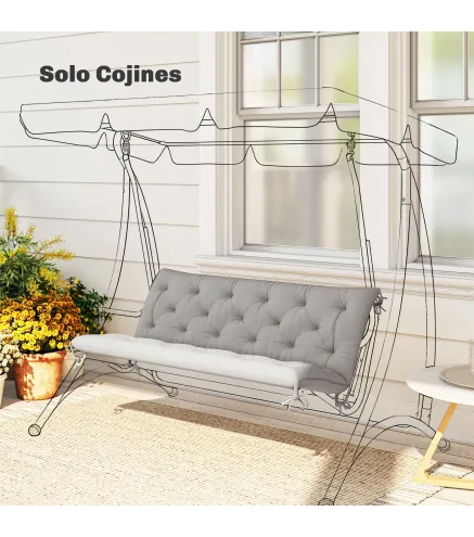 Cojín para Banco de Jardín con Respaldo Relleno Grueso y Cintas de Sujeción para Interior y Exterior 150x98x8 cm Gris