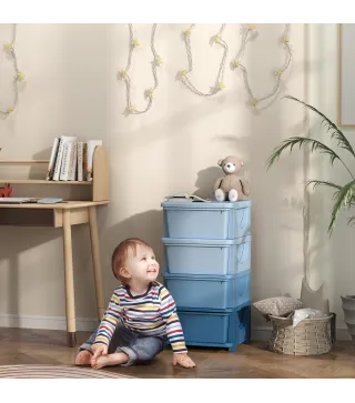 Torre de Almacenamiento Infantil con 4 Cajones para Niños de +3 Años con Bordes Redondeados y Asas 37x37x76 cm Azul