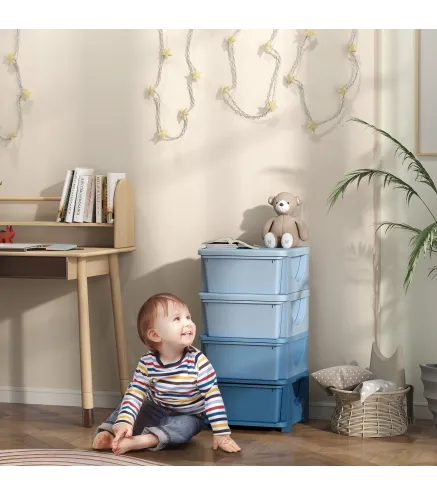 Torre de Almacenamiento Infantil con 4 Cajones para Niños de +3 Años con Bordes Redondeados y Asas 37x37x76 cm Azul