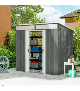 Caseta de Jardín 195x122x181,5 cm con Puerta Corredera 2 Ventanas y Anti-UV para Almacenar Herramientas Gris Claro