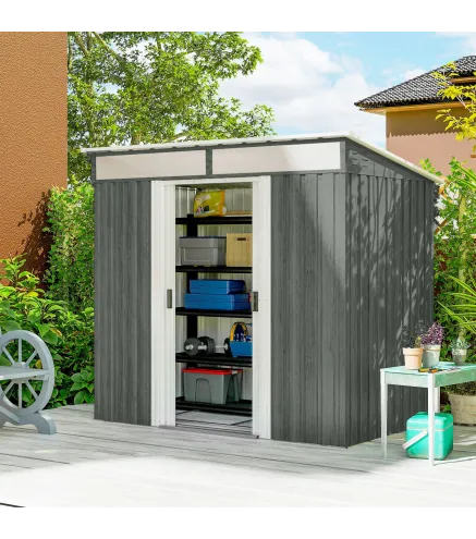 Caseta de Jardín 195x122x181,5 cm con Puerta Corredera 2 Ventanas y Anti-UV para Almacenar Herramientas Gris Claro