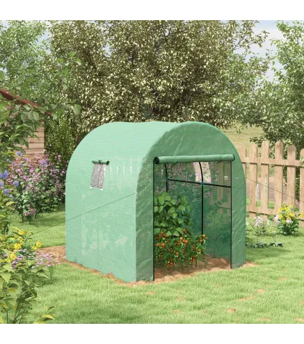 Invernadero de Túnel con 2 Puertas Enrollables 2 Ventanas de Malla y Marco de Acero Cubierta PE 135g/m² Anti-UV Verde