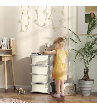 Torre de Almacenamiento Infantil con 4 Cajones para Niños de +3 Años con Bordes Redondeados y Asas 37x37x76 cm Crema