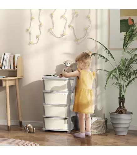 Torre de Almacenamiento Infantil con 4 Cajones para Niños de +3 Años con Bordes Redondeados y Asas 37x37x76 cm Crema
