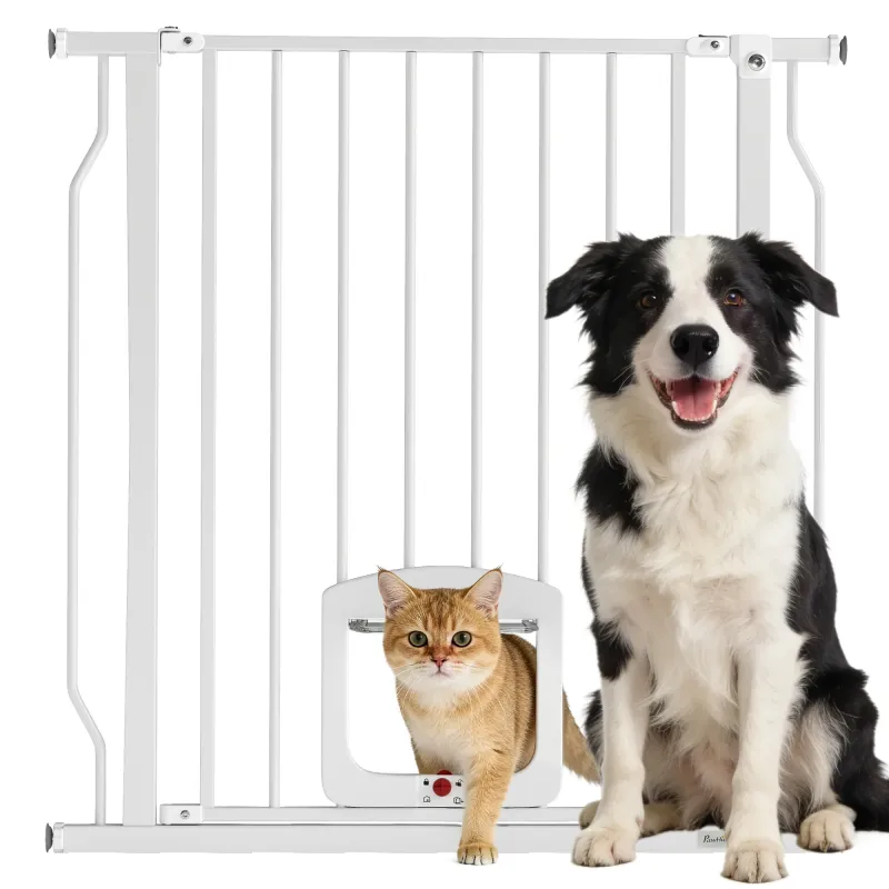 Barrera de Seguridad para Perros con Puerta Pequeña para Escaleras y Puertas 75-85 cm con Doble Bloqueo Blanco