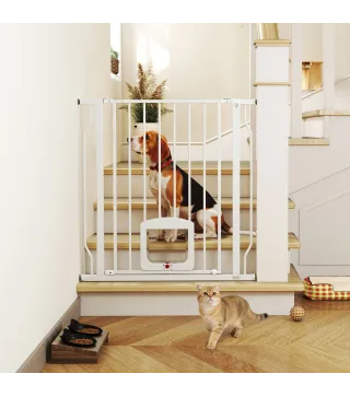 Barrera de Seguridad para Perros con Puerta Pequeña para Escaleras y Puertas 75-85 cm con Doble Bloqueo Blanco
