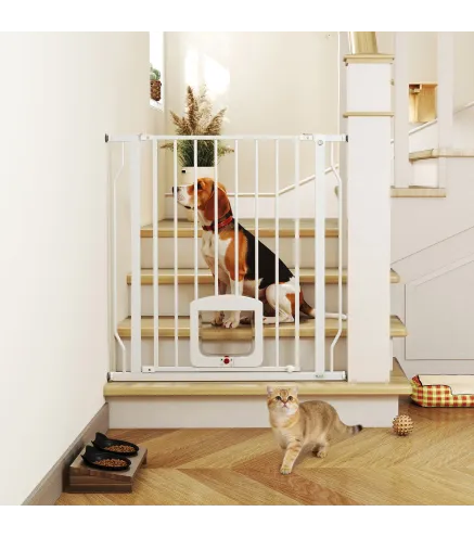 Barrera de Seguridad para Perros con Puerta Pequeña para Escaleras y Puertas 75-85 cm con Doble Bloqueo Blanco