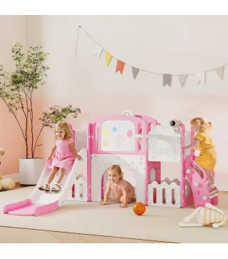 Tobogán Infantil 7 en 1 Temática de Rana con Aro de Baloncesto Túnel Pizarra Telescopio Escalador y Cajas Rosa