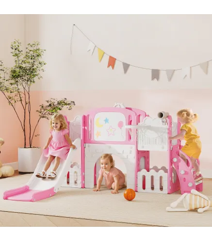 Tobogán Infantil 7 en 1 Temática de Rana con Aro de Baloncesto Túnel Pizarra Telescopio Escalador y Cajas Rosa