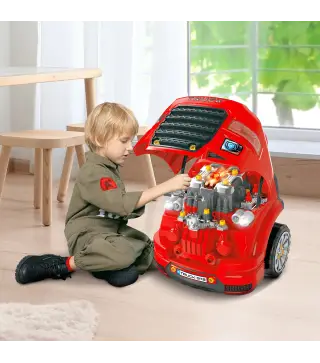 Motor de Camión para Niños de +3 Años Conjunto de Motor de Juguete con 61 Piezas Volante Bocina Faros Caja de Almacenaje y Rueda