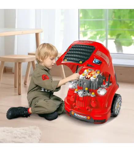 Motor de Camión para Niños de +3 Años Conjunto de Motor de Juguete con 61 Piezas Volante Bocina Faros Caja de Almacenaje y Rueda