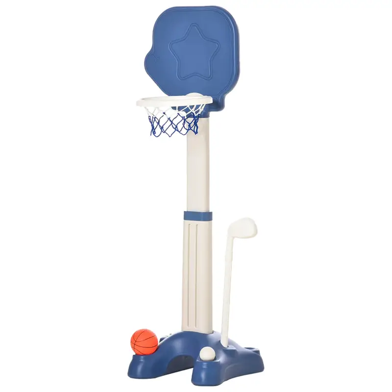 Canasta de Baloncesto 2 en 1 Canasta de Baloncesto Infantil con Aro Ajustable en Altura de 83-120 cm Pelotas y Palo de Golf 46x4