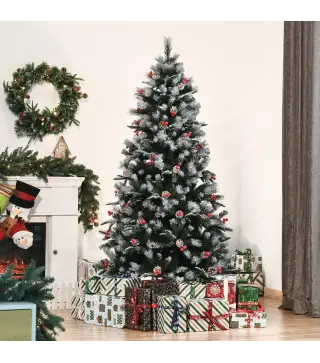 Árbol de Navidad Artificial 180 cm con 678 Ramas 53 Piñas y 53 Bayas Decoración Navideña para Interiores Verde