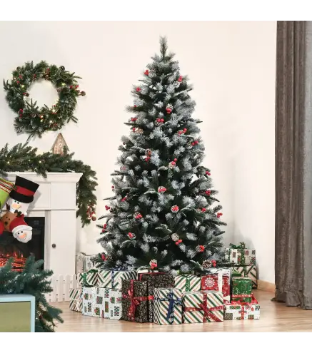 Árbol de Navidad Artificial 180 cm con 678 Ramas 53 Piñas y 53 Bayas Decoración Navideña para Interiores Verde