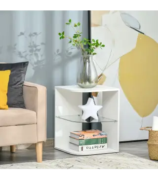 Mesita Auxiliar de Salón Moderna Mesilla de Noche con 3 Estantes Tablero de Cristal Mesita de Café para Sala de Estar Do