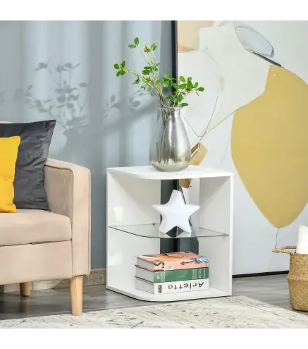 Mesita Auxiliar de Salón Moderna Mesilla de Noche con 3 Estantes Tablero de Cristal Mesita de Café para Sala de Estar Do