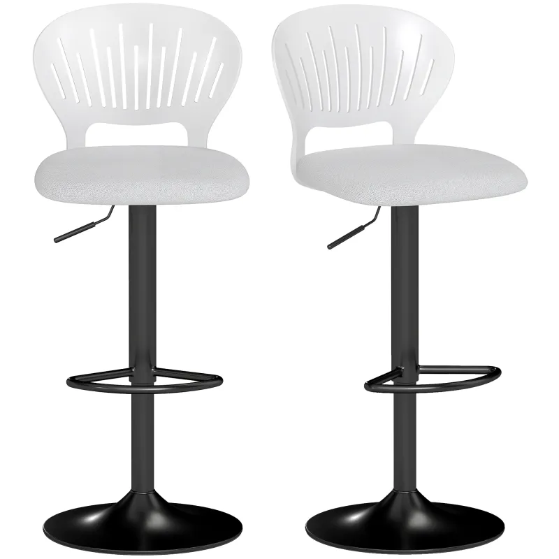 Juego de 2 Taburetes de Bar Giratorios en 360° Regulables en Altura de 84-105 cm Respaldo Hueco Reposapiés Blanco