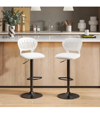 Juego de 2 Taburetes de Bar Giratorios en 360° Regulables en Altura de 84-105 cm Respaldo Hueco Reposapiés Blanco