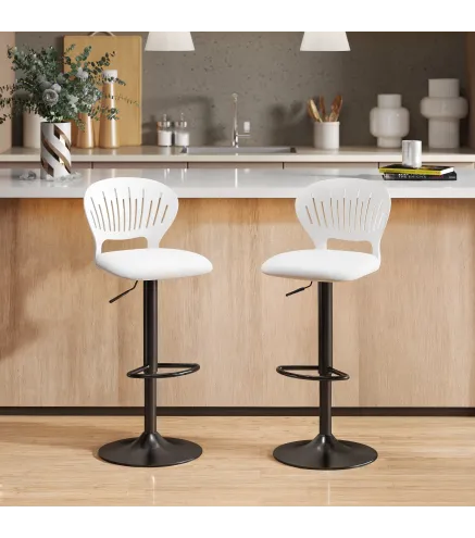 Juego de 2 Taburetes de Bar Giratorios en 360° Regulables en Altura de 84-105 cm Respaldo Hueco Reposapiés Blanco