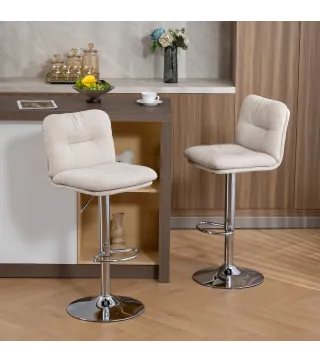 Juego de 2 Taburetes Altos de Cocina Giratorios Tapizados de Lino con Altura Ajustable Respaldo y Reposapiés Beige