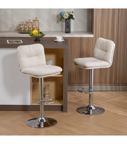 Juego de 2 Taburetes Altos de Cocina Giratorios Tapizados de Lino con Altura Ajustable Respaldo y Reposapiés Beige
