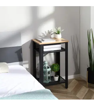 Mesa Auxiliar Mesita de Noche Estilo Industrial con 2 Estantes de Rejilla de Metal y Pies Ajustables para Salón Dormitor